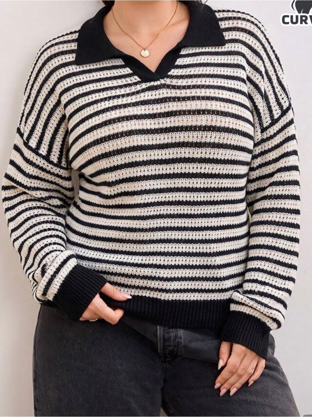 Striped Black and White Collared Knit Sweater